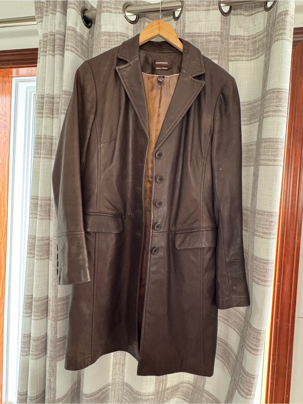 Danier Dark Brown Leather Button-Up Long Coat